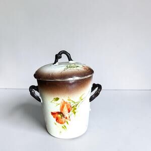 Vintage McCoy Style Ceramic Utensil Crock With Lid Floral Drip
